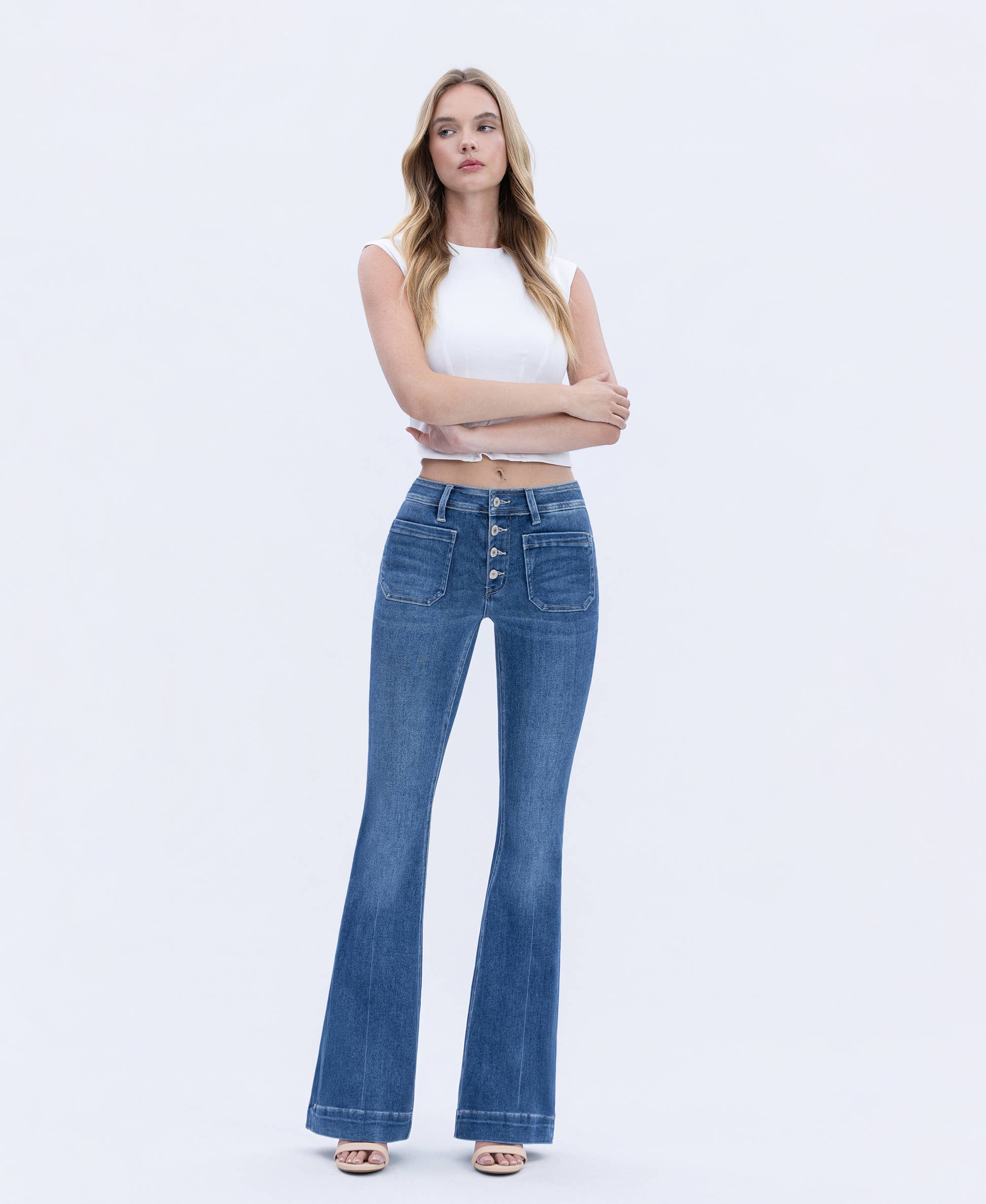 GLEEFULLY MID RISE BUTTON FLY TROUSER HEM FLARE JEANS T5848 for wholesale on Faire4