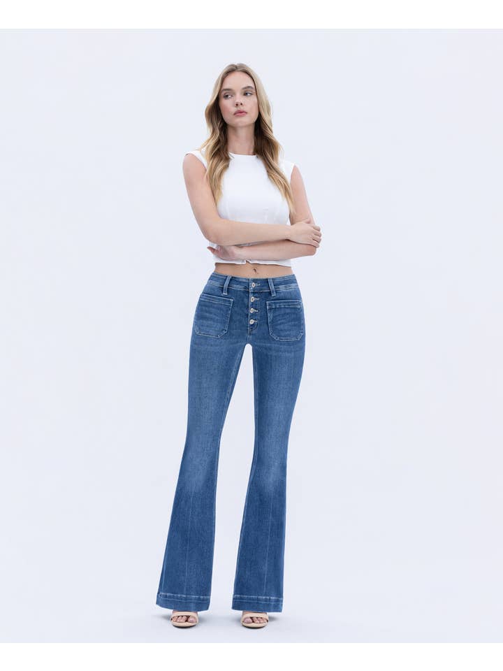 GLEEFULLY MID RISE BUTTON FLY TROUSER HEM FLARE JEANS T5848 for wholesale on Faire4