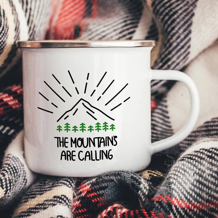 The Mountains Are Calling Green Trees Enamel Camping Mug for wholesale by EllieBeanPrints