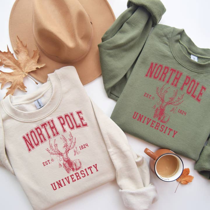 Wholehearted Motherhood and Co. - Wholesale Graphic Sweatshirt - Women's - North Pole University Christmas Sweatshirt - Christmas Tee