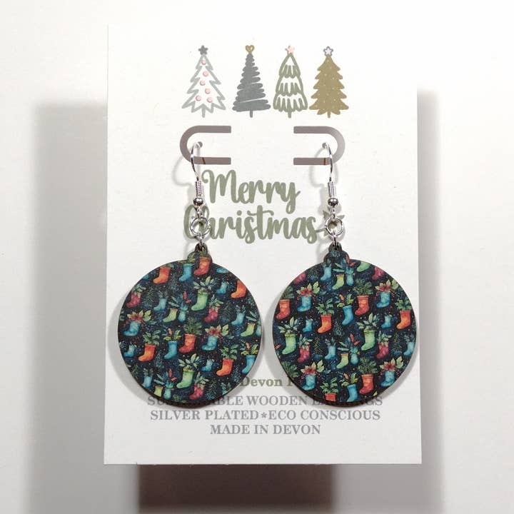 Wooden Bauble Shape Earring - Xmas Stocking - Made in Devon for wholesale by Devon Fox