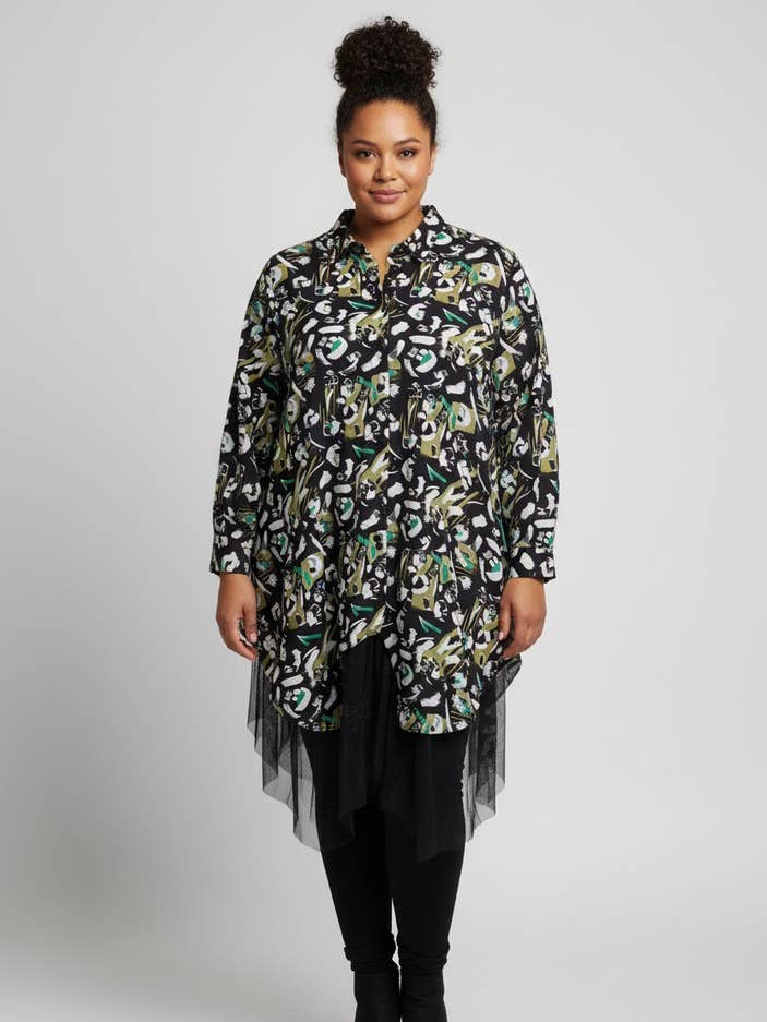 Plus size asymmetrical jacket with black print (T1529) for wholesale by Pomme Rouge Paris