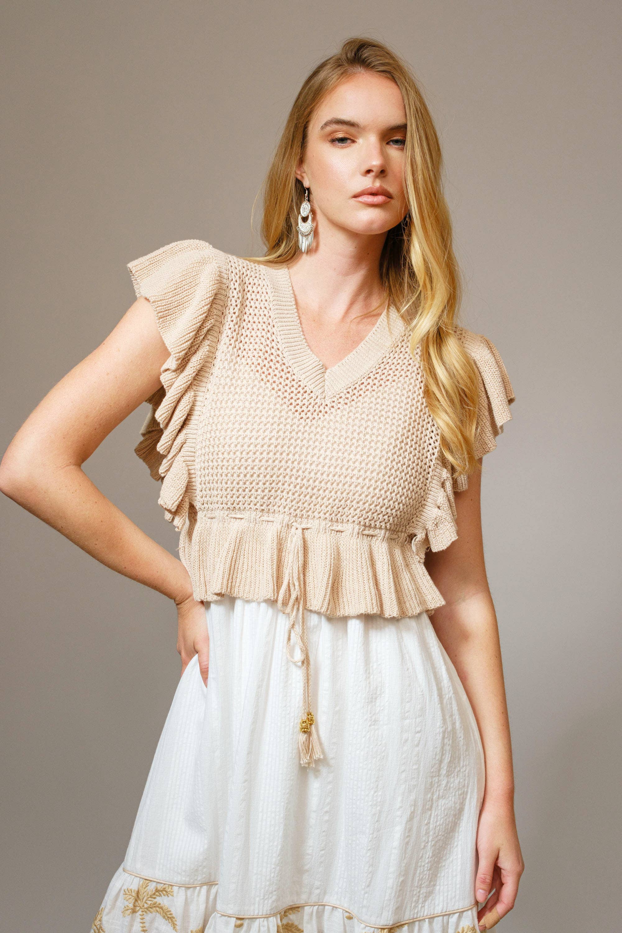 TAUPE 36828SET - Open Knit Embroidered Midi Dress Set for wholesale on Faire10