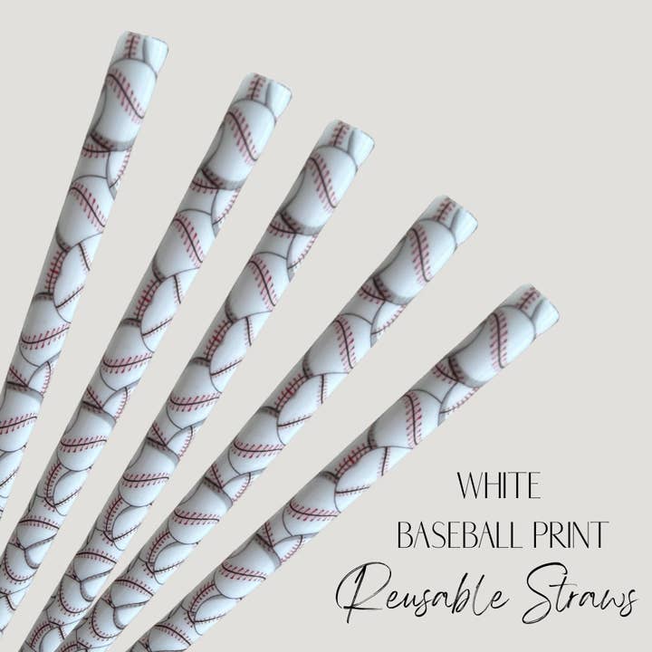 White Baseball Print Straw (24oz) for wholesale by OMG Cups!