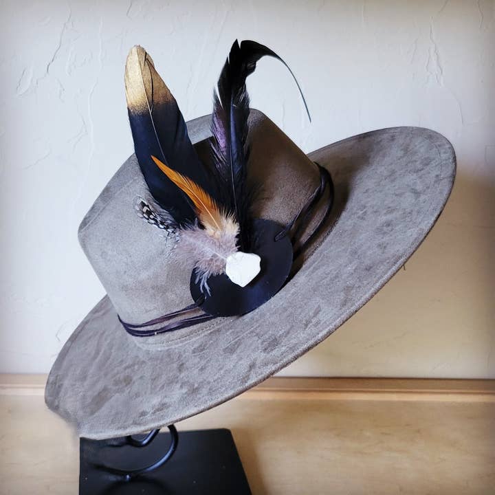 The Jewelry Junkie - Wholesale Fedora - Women's - Long Black Gold Feather & Turquoise Slab Hat Band + Choice of Hat 986e11