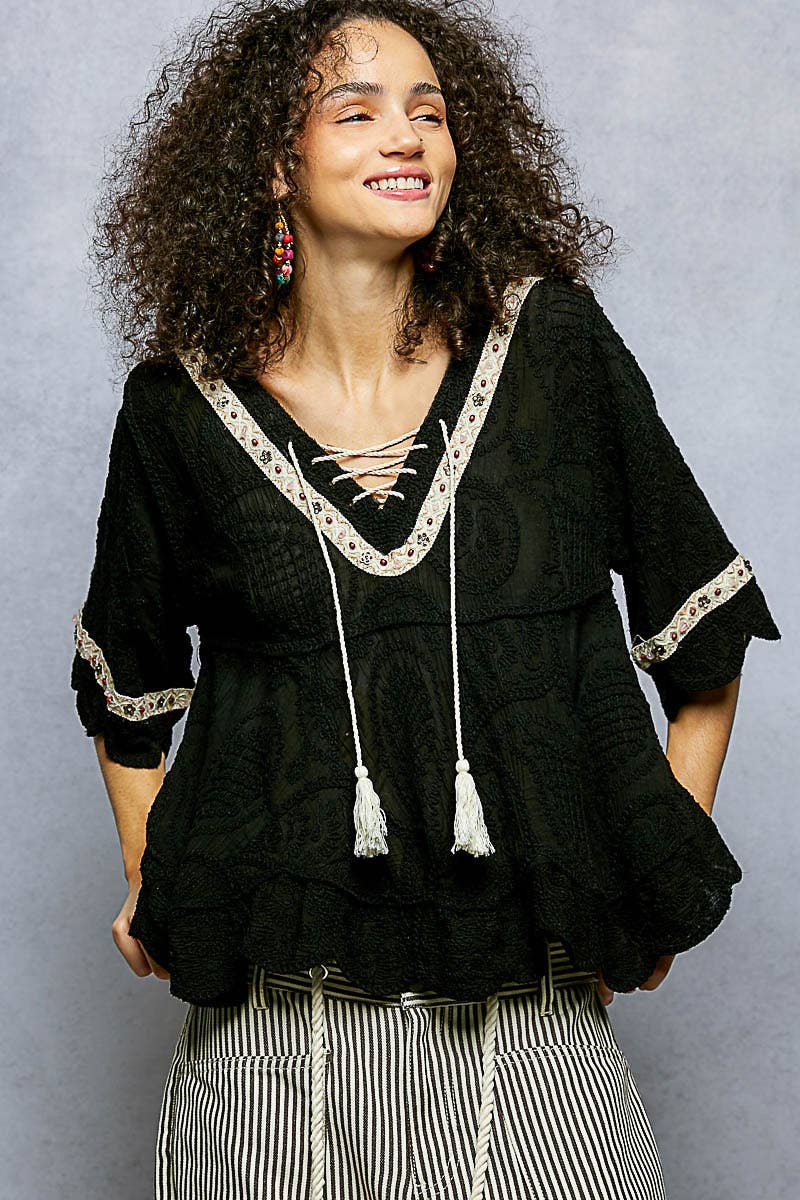 Pol Clothing - Wholesale Blouse - Women's - Short Sleeve Adjustable Drawstring Crochet V Neck Top0