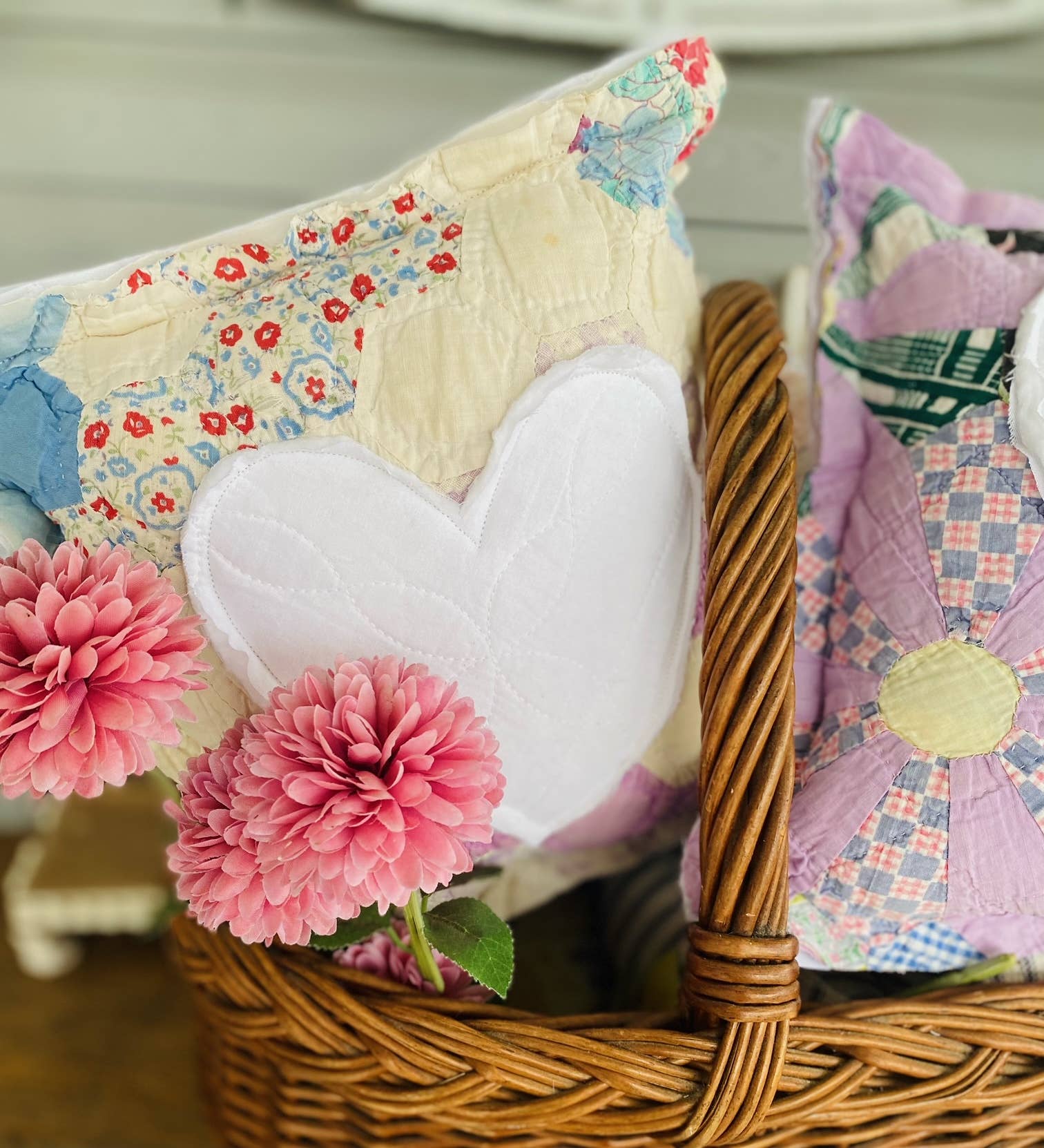 A Gnome on the Roam - Wholesale Throw/Decorative Pillow - Vintage Quilt Block Pillow with Heart Appliqué Cottagecore4