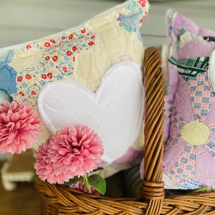 A Gnome on the Roam - Wholesale Throw/Decorative Pillow - Vintage Quilt Block Pillow with Heart Appliqué Cottagecore4