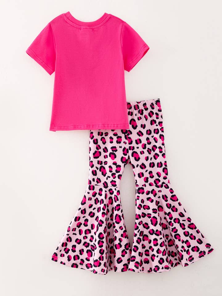 Rylee Faith Designs - Wholesale Top & Pant Set - Kids - Girls Hot pink "ATTITUDE" Letter Print Top + Leopard Print Flared Pants