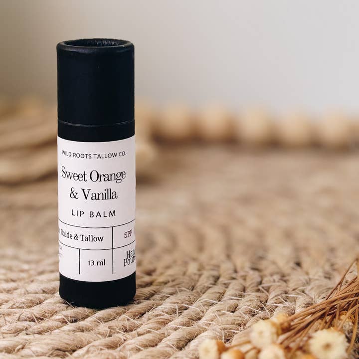 Sweet Orange + Vanilla Lip Balm SPF 15 Tallow Based for wholesale by Wild Roots Tallow Co.