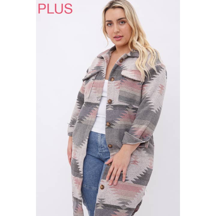 PLUS LONG TRIBAL AZTEC BUTTON DOWN SHIRT JACKET SHACKET for wholesale by Sweet Generis
