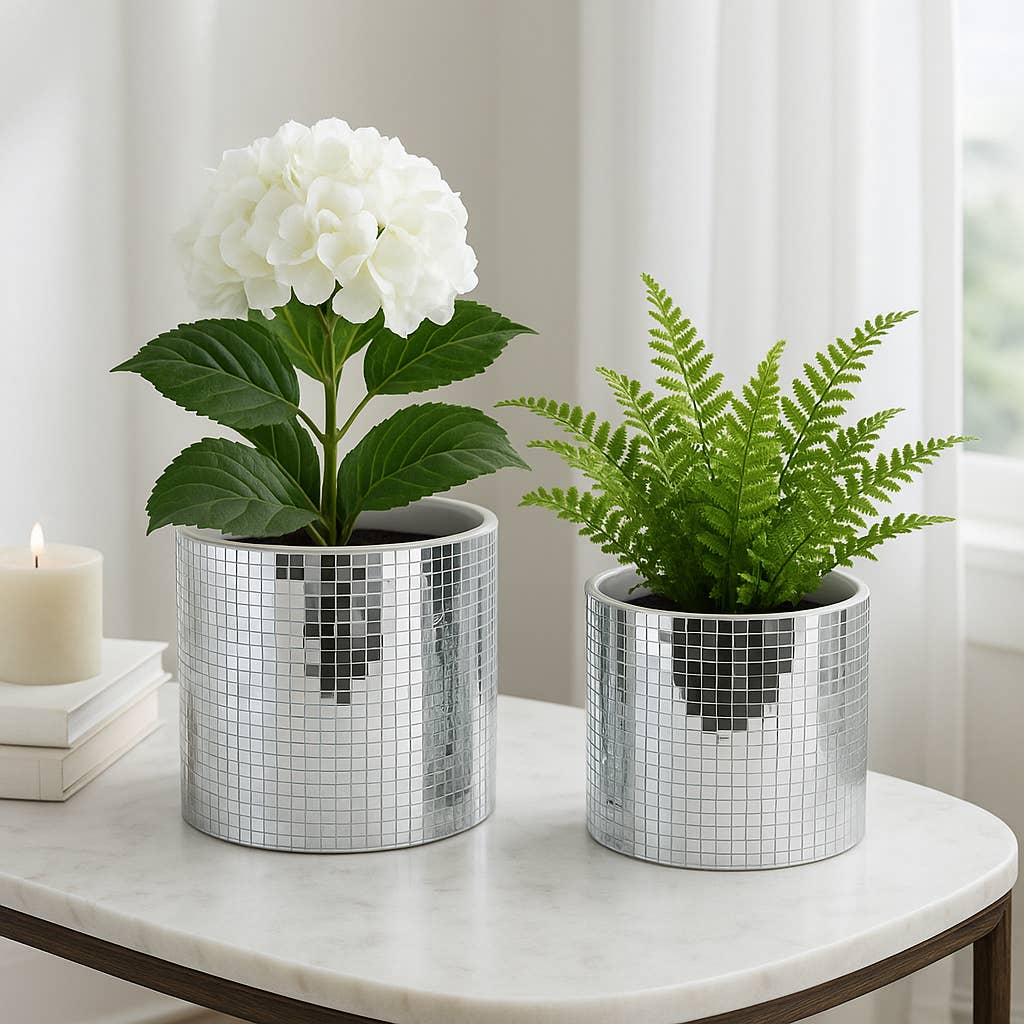 Sagebrook Home - Wholesale Plant Pot - Planters Set of 2 - Silver Ceramic Disco Mirror, 6/7 in.0