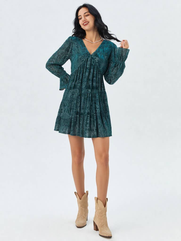 VERY J - Wholesale Dress - Women's - ND31023-Deep V-neck Jacquard Velvet Holiday Mini Dress7
