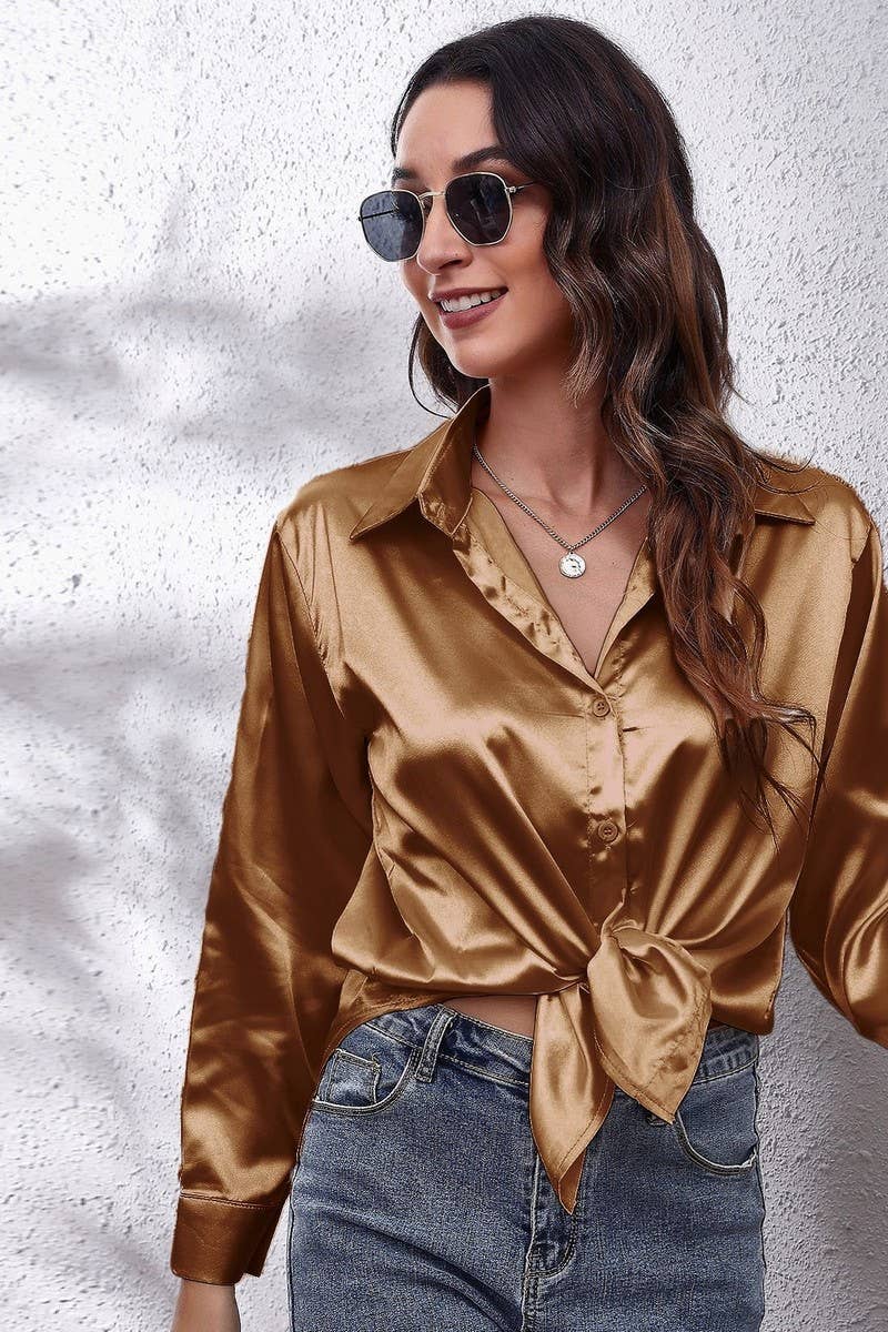 NINEXIS - Wholesale Button Down Shirt - Women's - CWTBLL0691_Button Down Silky Satin Long Sleeve Top16