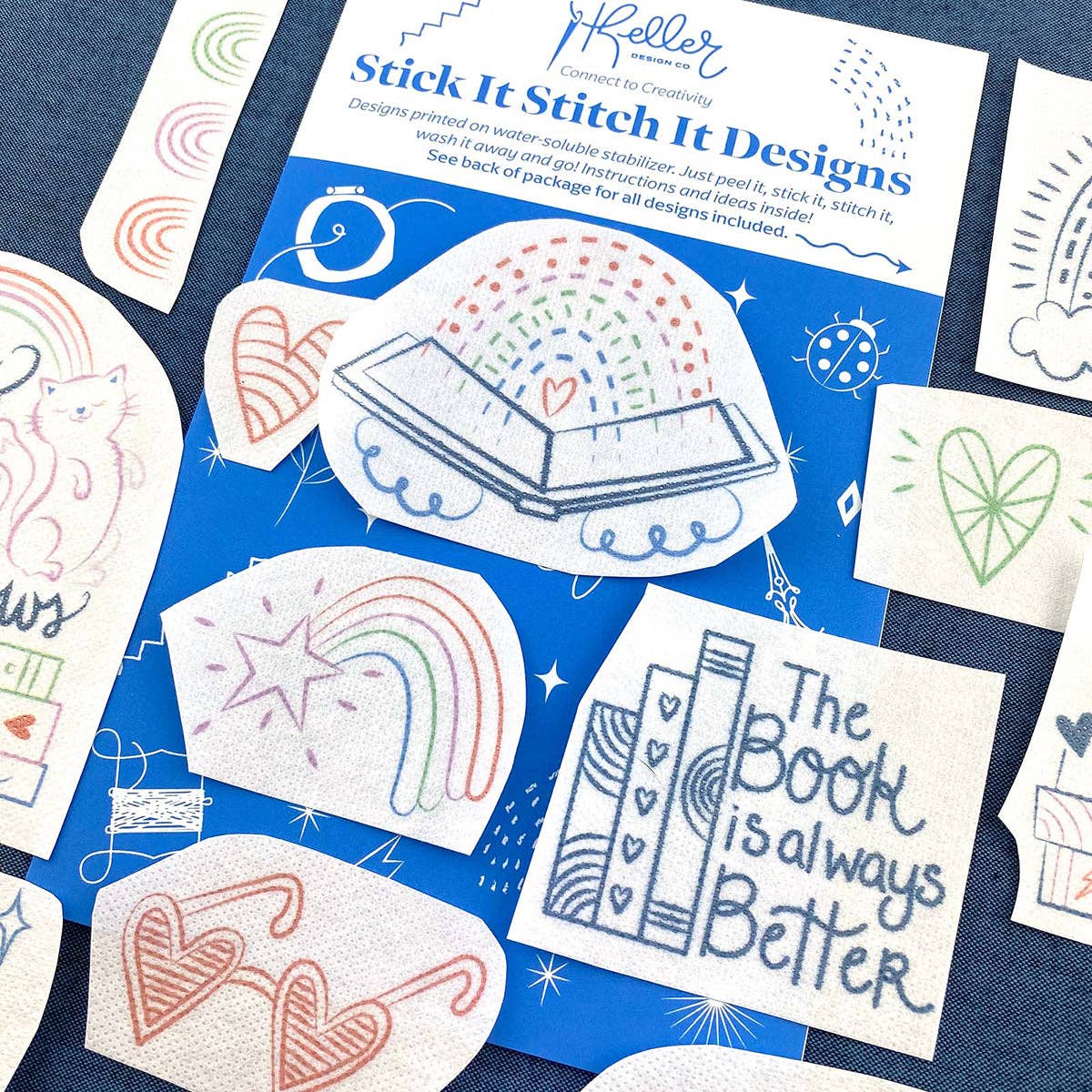 Keller Design Co. - Wholesale Embroidery/Cross Stitch Supplies - Stick It Stitch It Water Soluble Embroidery Patterns-Cats, Books, Rainbows16