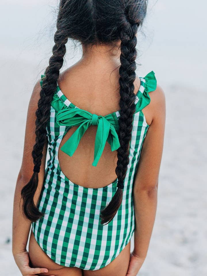 Costume da bagno per ragazze - Fiocco sul retro - Vichy verde per la vendita all'ingrosso da parte di Sugar Bee Clothing