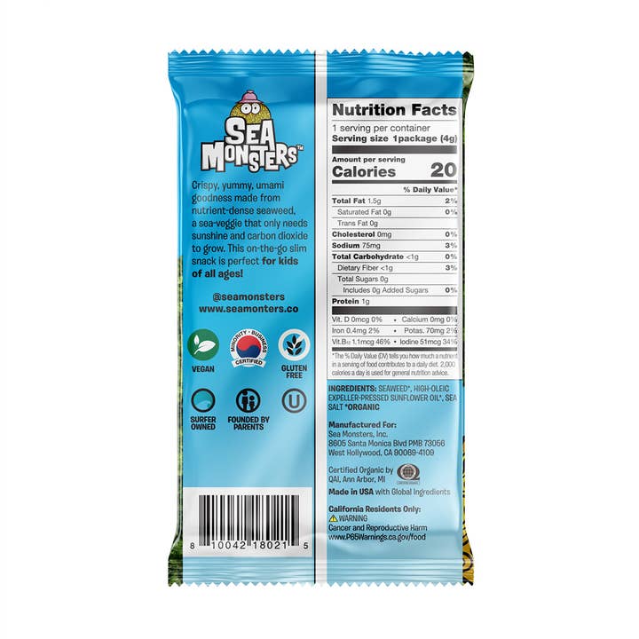 Sea Monsters - Wholesale Chips - Trayless Seaweed Snacks, VRTY .14oz, 20-pack case6