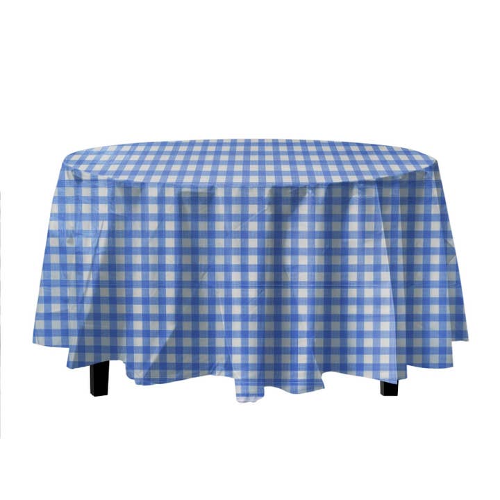 84 In. Round Blue Gingham Plastic Table Cover Disposable for wholesale by Crown Display