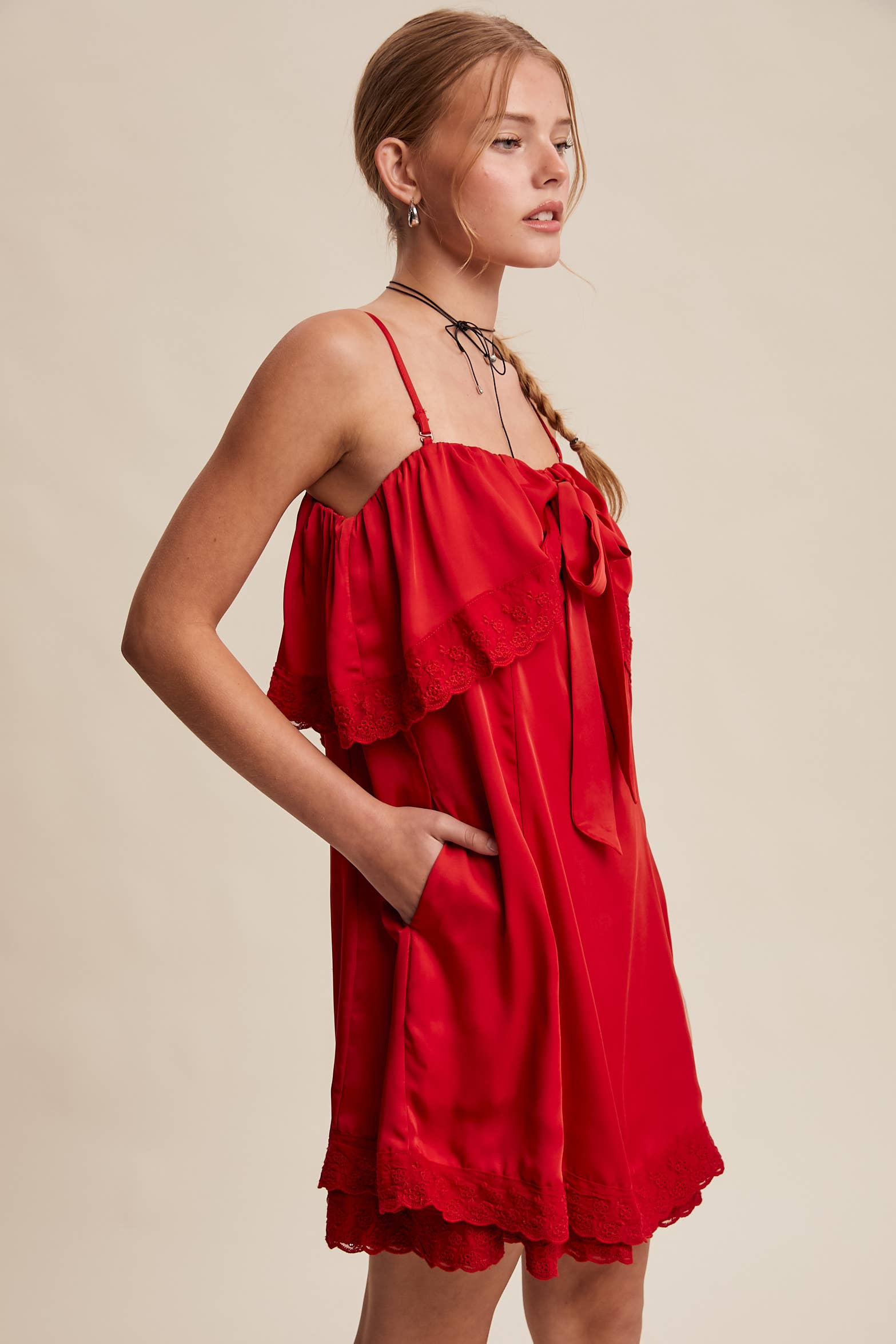 Listicle - Wholesale Dress - Women's - Bow Front Lace Trim Mini Dress LD106330