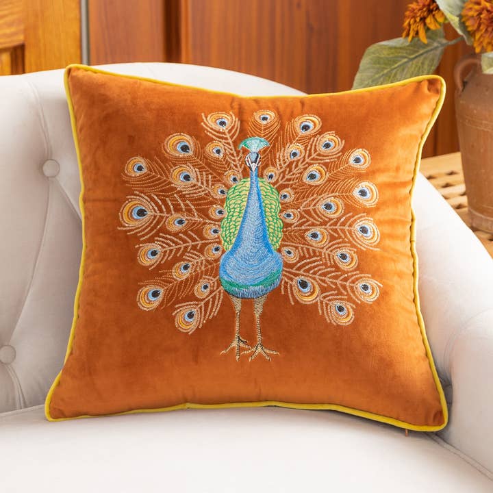 Orange Embroidered Peacock Cushion Cover for wholesale by Home and haven
