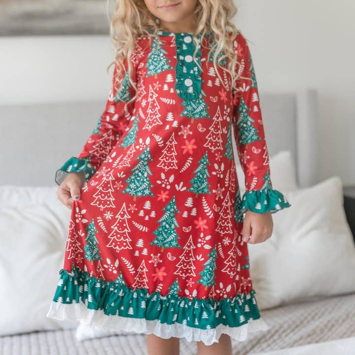 Oopsie Daisy - Wholesale Nightdress - Kids - Kids Red & Green Christmas Tree Ruffle Lounge Play Gown