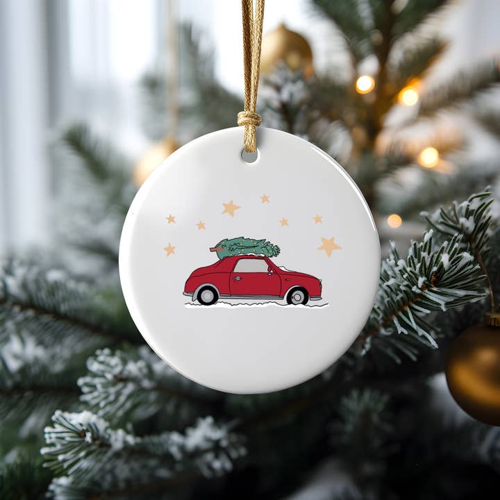 Red Car with Christmas Tree Ceramic Bauble for wholesale by Frame Your World Shop