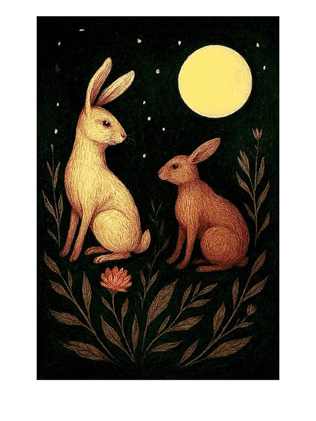 Whimsical Animal Art Print, Moonlite Rabbits, 9x13 for wholesale by Thistle and Tale Press