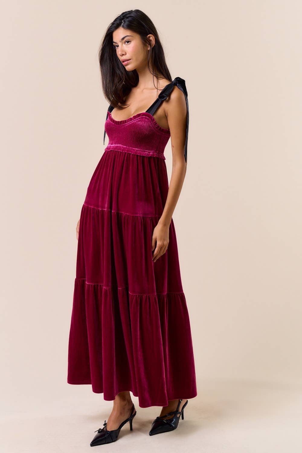 Lalavon - Wholesale Dress - Women's - ILD5094 VELVET SATIN BOW SHOULDER TIE MAXI DRESS 3