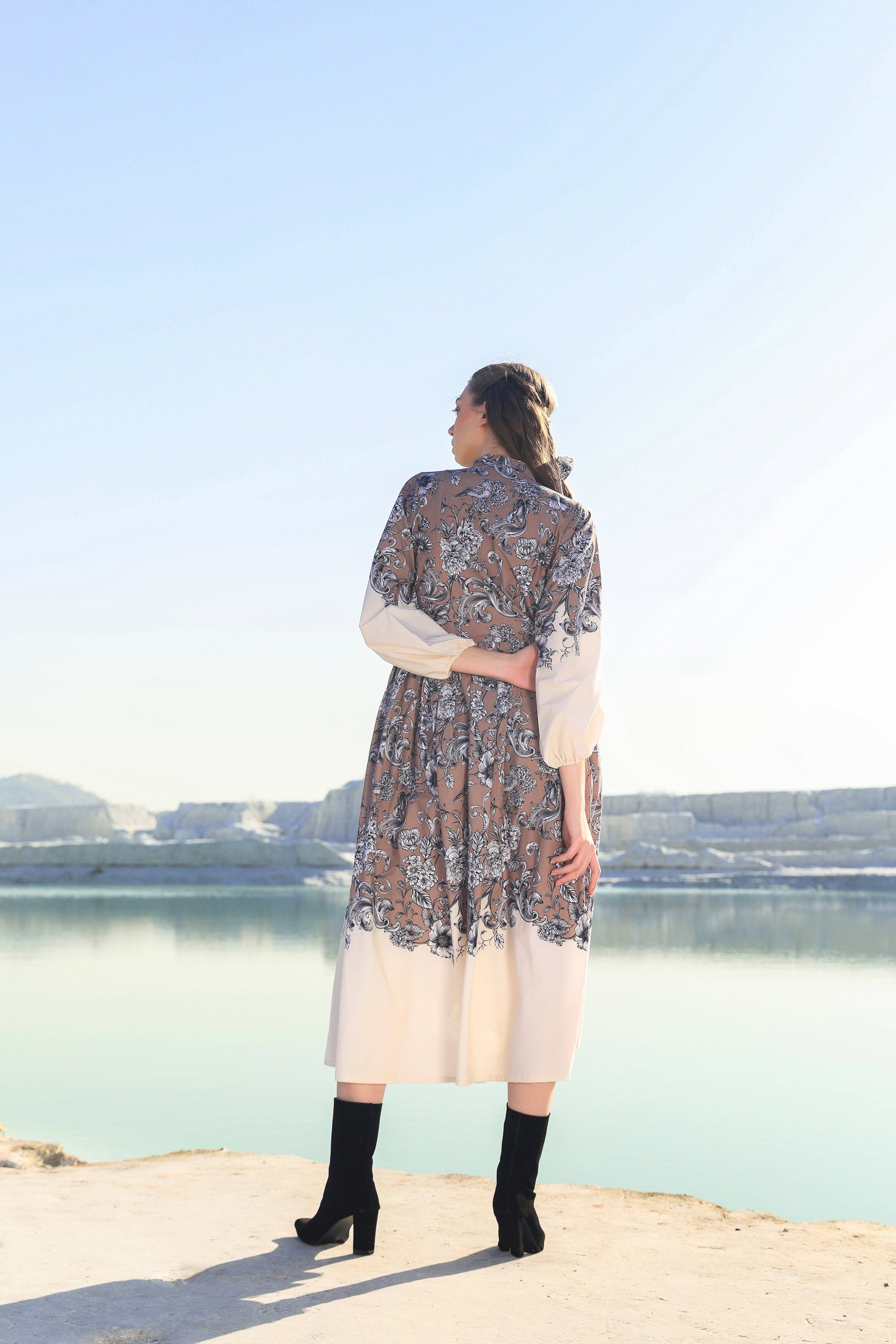 Brown Cocoa floral tier Midi dress for wholesale on Faire1