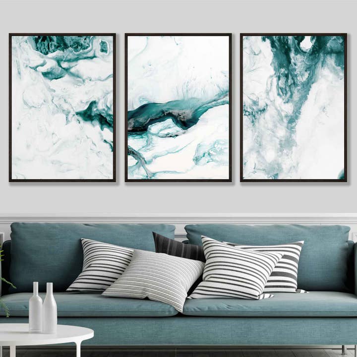 Set di 3 stampe artistiche da parete astratte blu verde acqua oceano per la vendita all'ingrosso da parte di Artze Wall Art