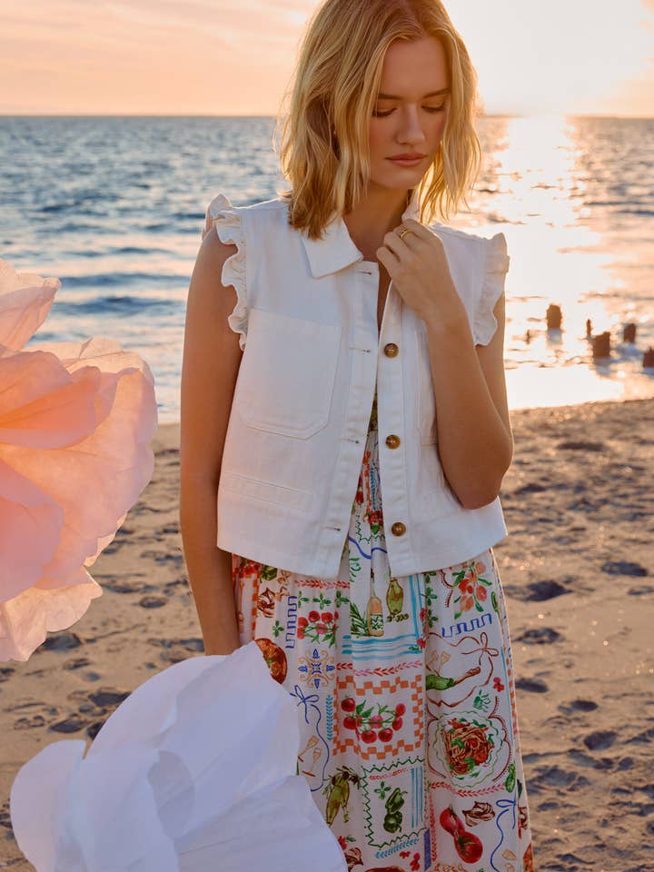 RUFFLE SLEEVE BUTTON DOWN TWILL VEST for wholesale by Sunday Edition