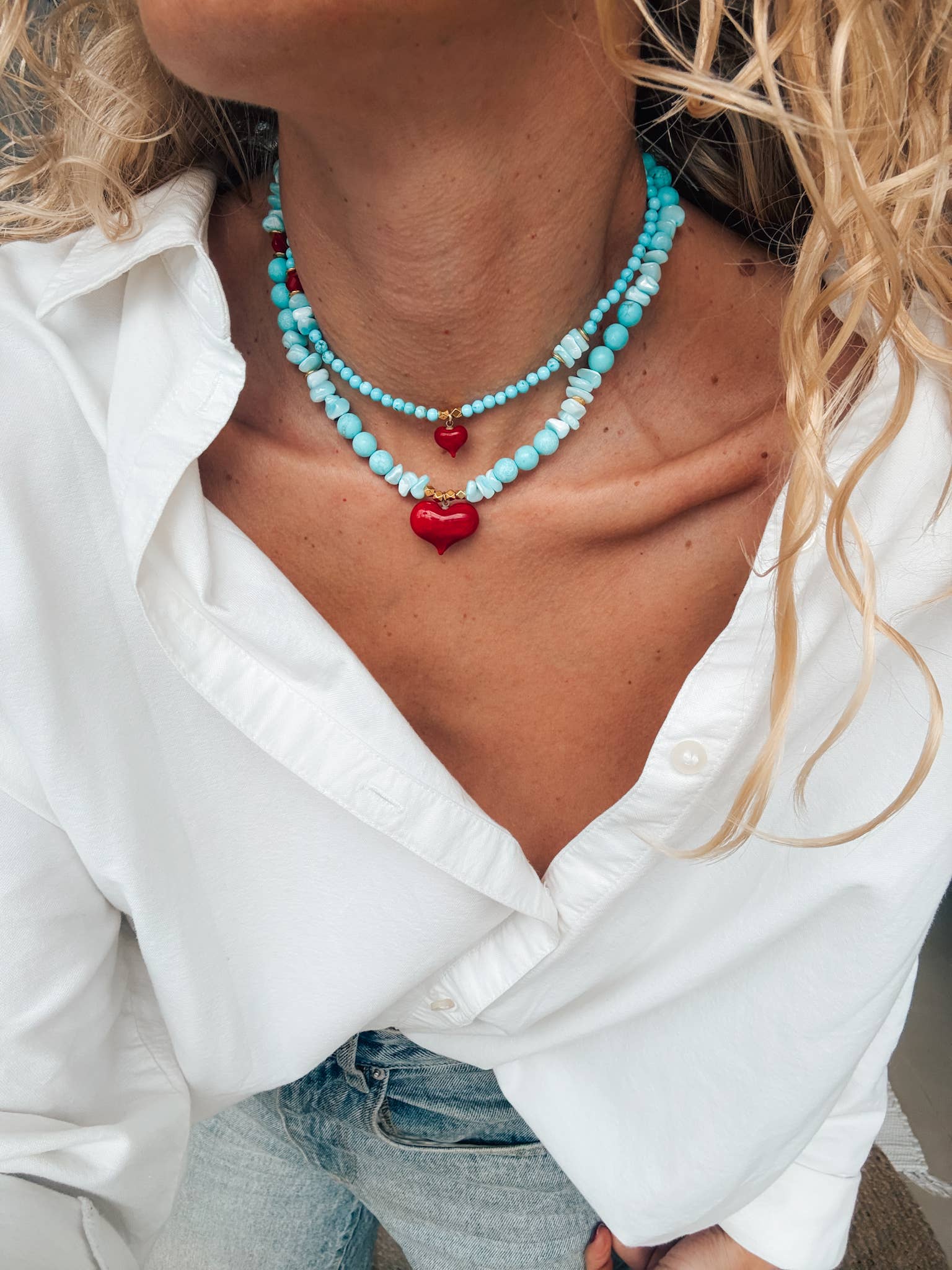 Goupi - Wholesale Kralen/parelketting - Hoeliet turquoise kralen ketting met rood hart, set van twee10