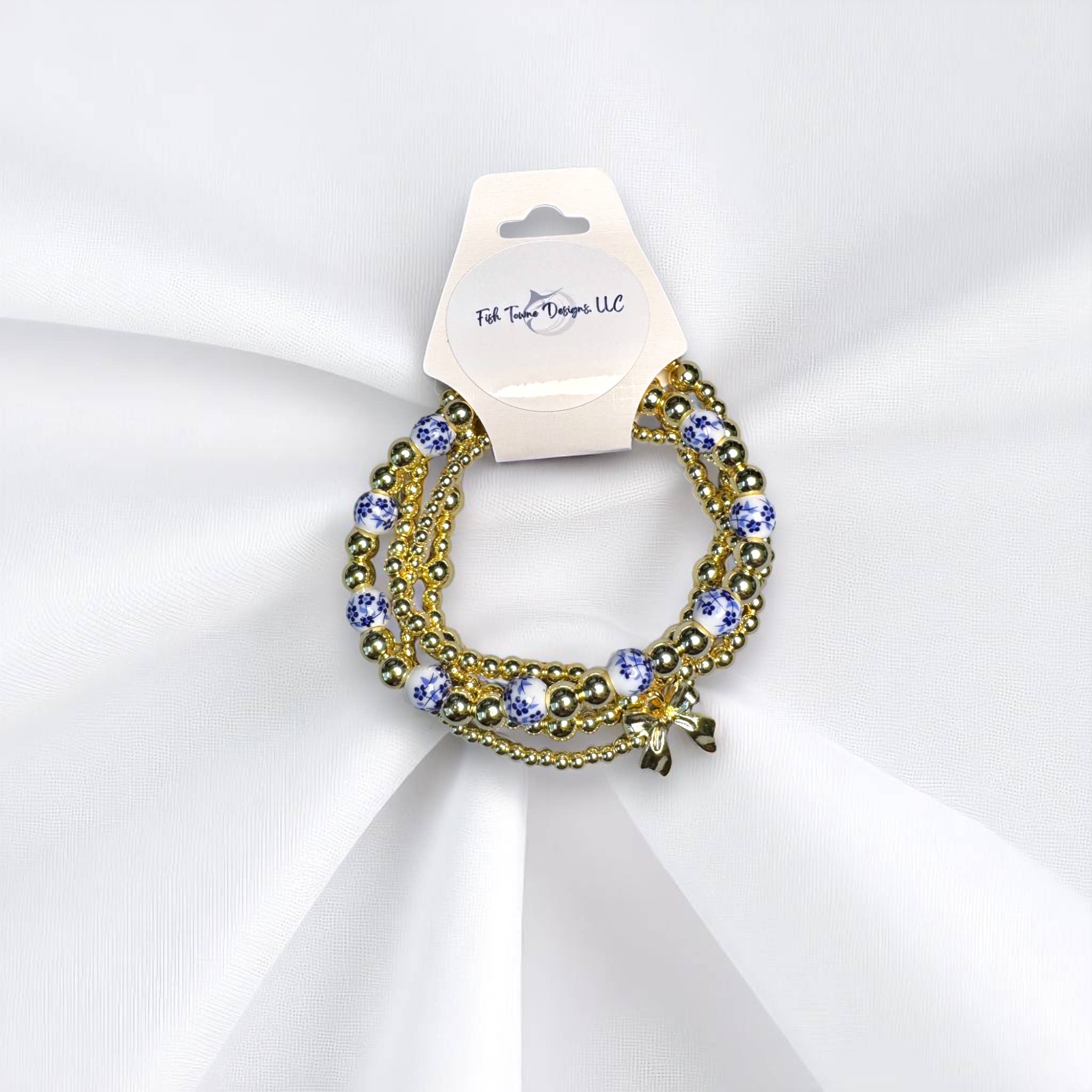 Fish Towne Designs, LLC - Wholesale Jewelry Set - Gold and Chinoiserie Beaded Bracelet Stack6
