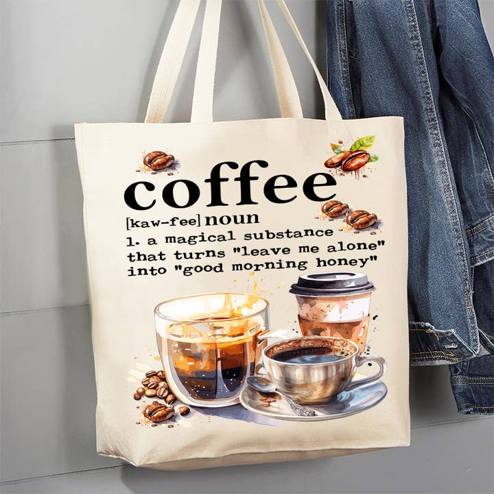 Kaffe Magical Substance Funny 12 oz tygväska i duk för wholesale av Avery Lane Gifts