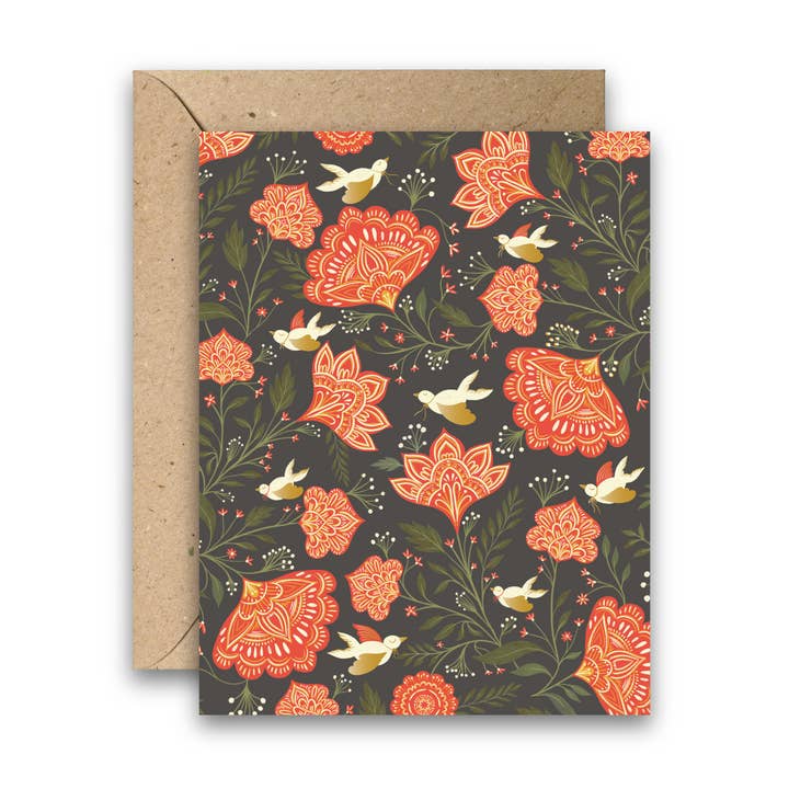 Red Floral Doves – Indian-Inspired Holiday & Winter Card for wholesale by Amicreative