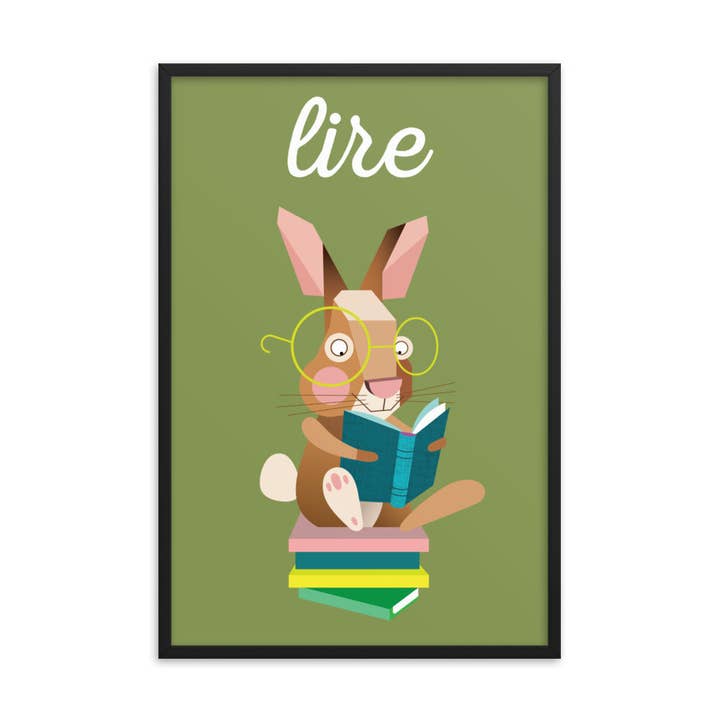 Reading Rabbit Framed Art Print - French for wholesale by gabo and mateo designs