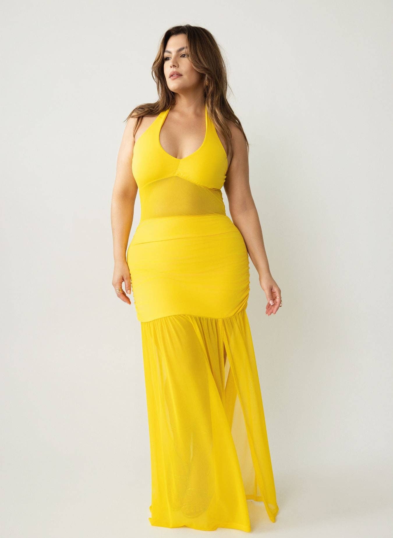 Yellow Malia Halter Mesh Ruched Maxi Dress for wholesale on Faire
