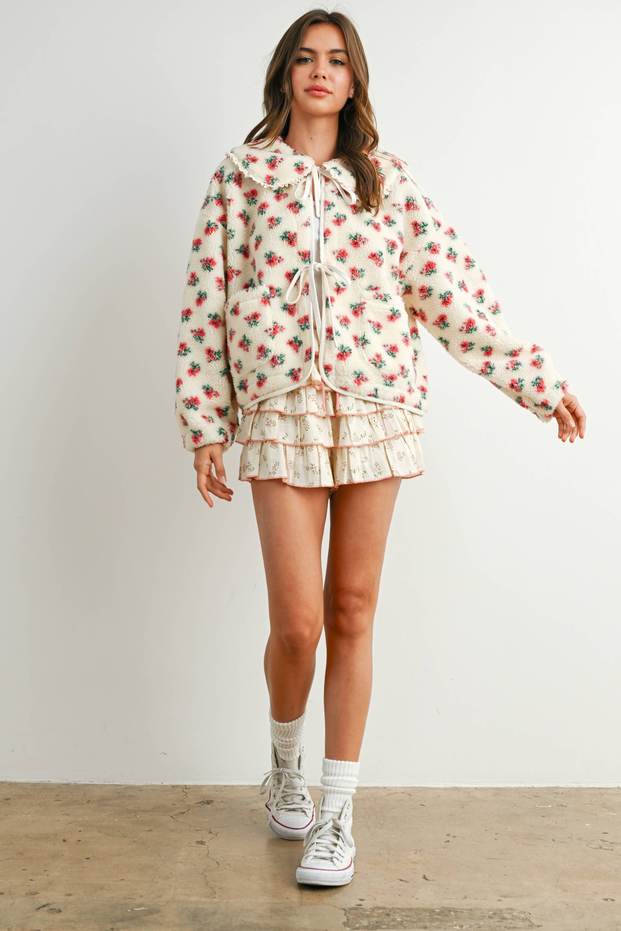 BUTTERMELON - Wholesale Jacket - Women's - Floral Puffy Tie-Front Long Sleeve Jacket - BMJ784116