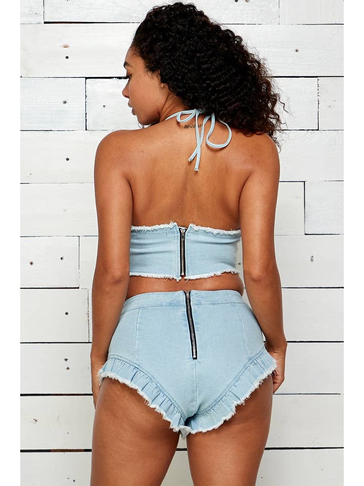 SEXY DENIM RUFFLED SHORTS WITH DENIM BRA TOP for wholesale on Faire7