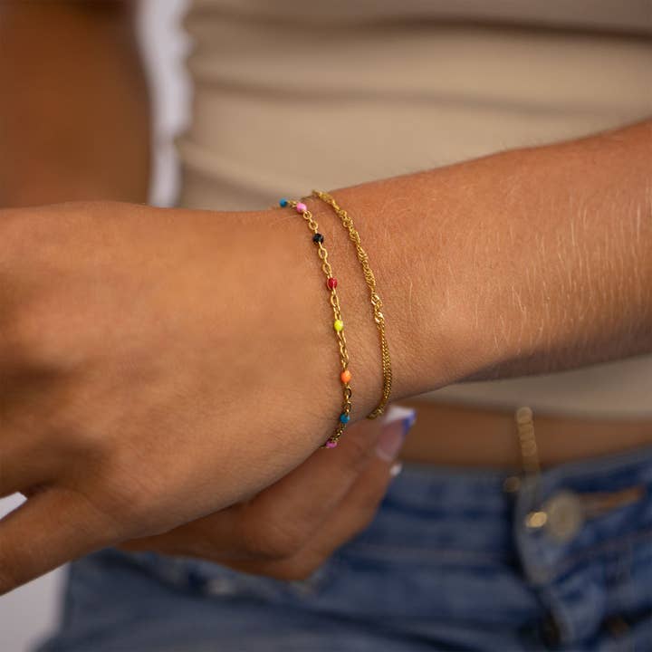 WJW - Wholesale Link & Chain Bracelet - 18K Gold PVD Stainless Steel Muti Color Confetti Bracelet1