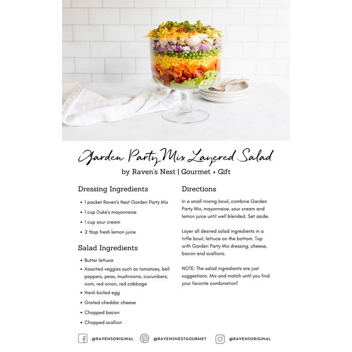 Recipe Cards for Garden Party Mix for wholesale by Raven's Nest Gourmet