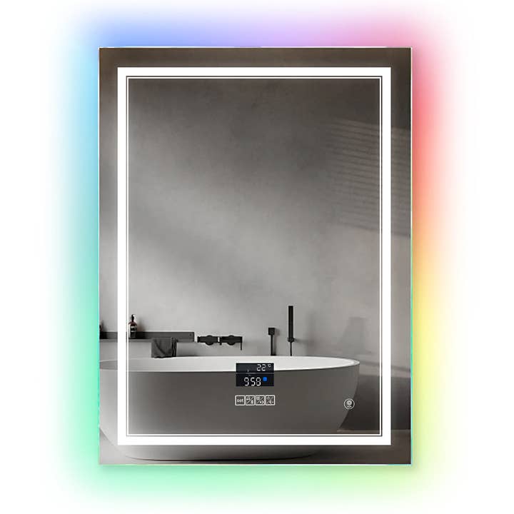Miroir de salle de bain LED avec haut-parleur Bluetooth et bordure RGB, éclairage CCT, anti-buée, contrôle tactile, étanchéité IP44, désembueur chauffant dissimulé, miroir de maquillage intelligent de forme rectangulaire. pour la vente par ENER-J