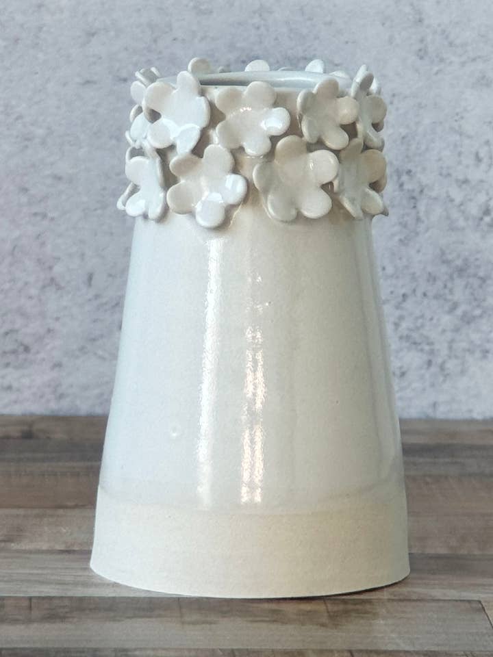 small white vase with flowers for wholesale by erin murphy pottery