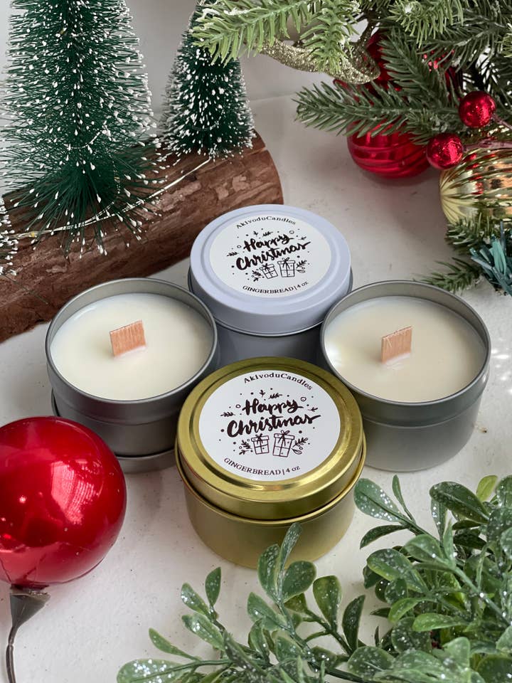 Happy Christmas Scented Candle in 4 oz Tins Holiday Scents for wholesale by Akivodu Candles