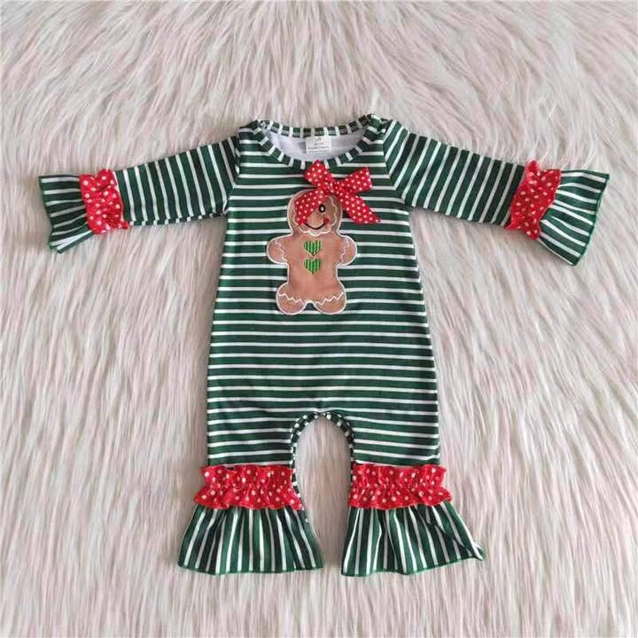 Gingerbread embroidery cotton stripe Christmas rompers for wholesale by Yawoo Garments