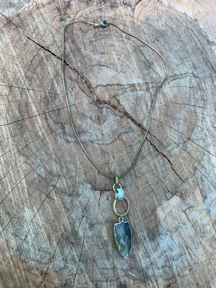 Labradorite arrowhead. Mixed metal. Vintage brass box link. for wholesale by Laborde Jewelry