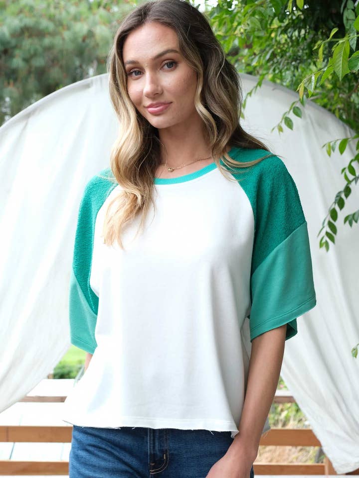 Loose fit color block raglan top-ST11384 for wholesale by Nicabel