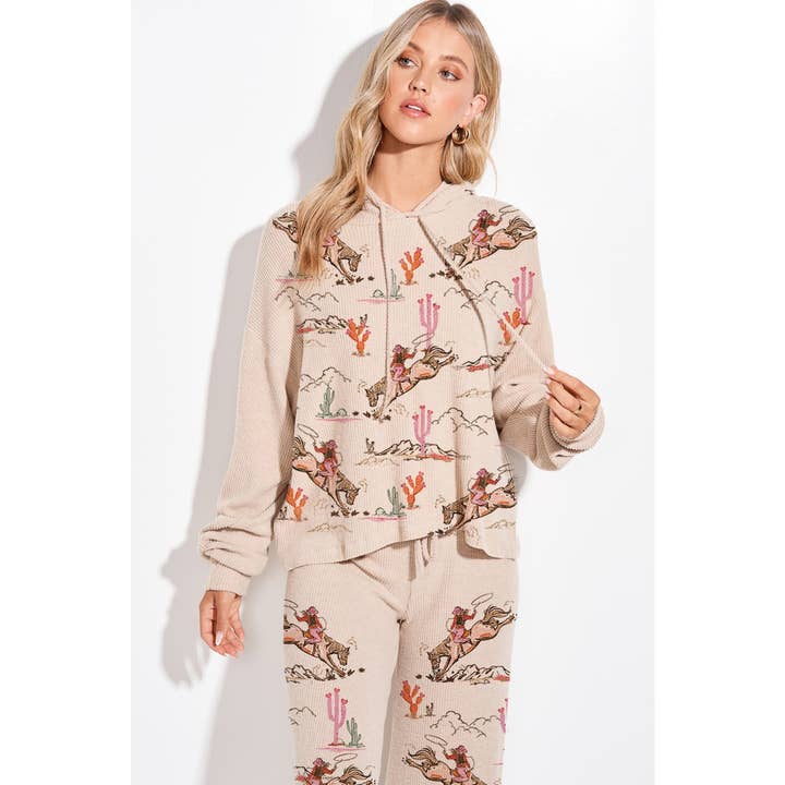 Phil Love - Wholesale Lounge Set - Women's - Desert Cowgirl Print Rib Hoodie Loungewear Set