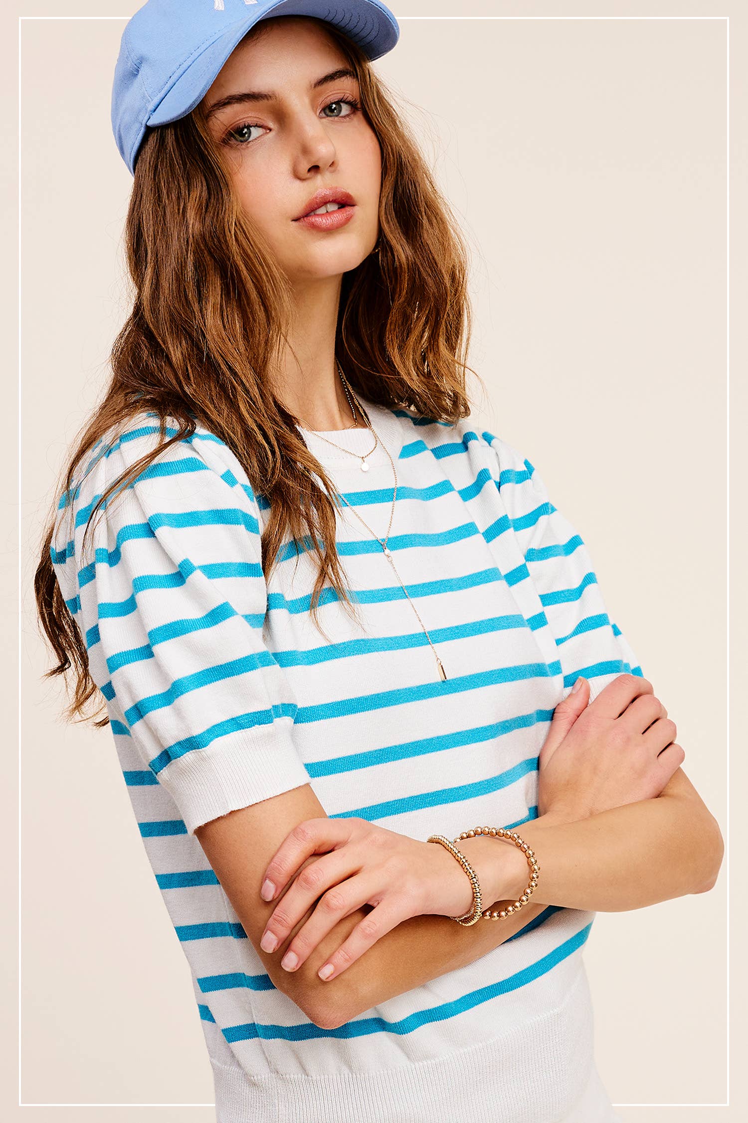 La Miel – Engroshandel Strikket top - Dame – JCS3562-letvægts Puff kortærmet stribet stribet top3