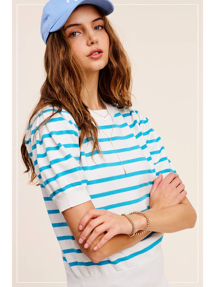 La Miel - Wholesale Knit Top - Women's - JCS3562-Lightweight Puff Short Sleeve Stripe Knit Top3
